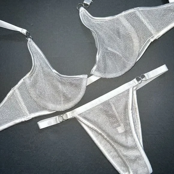 NWT Victoria's Secret unlined 32D BRA SET XS defect itsy panty SILVER gray Chain - Picture 7 of 8